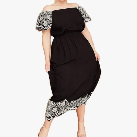 Lane Bryant Size 22 Maxi Dress Black Embroidered Off the Shoulder Boho - Picture 4 of 11